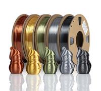 Silk PLA Filament 1.75mm Combipack, TINMORRY imprimante 3D Filament, Poids net 1.25 kg, Gold+Silver+Copper+Bronze+Iron Black