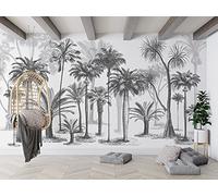 SILK ROAD EU Papier Peint Panoramique jungle Soie, 355 x 250 cm, noir et blanc Sketch Tropical Rainforest Coconut Tree Poster Geant Mural Personnalisé 3D pour Salon Chambre Décoration Murale