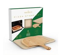 Silk Route Home Ensemble pierre à pizza et pagaie - Grande pierre à pizza rectangulaire en cordiérite de haute qualité résistante aux températures et antiadhésive (38 cm x 30 cm) et pagaie en bambou