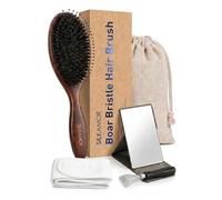 SilkAmor Kit de brosse à cheveux en poils de sanglier - Brosse à cheveux lissante avec nettoyeur, miroir, pochette en coton, bandeau, boîte cadeau