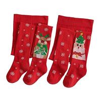 Silkglory 2 Pièces Noël Collant Fille,Collants Filles Avec Décorations de Wapiti et de Chaton de Noël,Leggings Fille Collants Bas en Coton pour Nouveau-né Tout-Petit Rouge 4-6 Ans