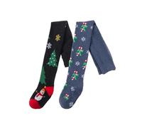 Silkglory Collants Filles, 2 Pièces Collants Tout-petits Avec Décorations Joyeux Noël et Flocons de Neige,Leggings Bas Sans Couture Collants en Coton Bleu Noir 2-3 Ans