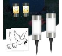 Silkwish Lot de 2 lanternes funéraires solaires avec piquet de terre et autocollants colombe - IP65 résistant aux intempéries - Bougies de cimetière avec capteur crépusculaire automatique - Lampes