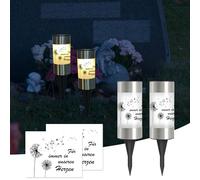 Silkwish Lot de 2 lanternes funéraires solaires avec piquet de terre et autocollants de pissenlit - IP65 résistant aux intempéries - Bougies de cimetière avec capteur crépusculaire automatique
