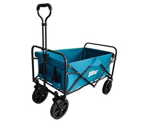 Sillar Chariot de Jardin Pliable, Compact avec poignée, 4 Roues en PVC, capacité de Charge jusqu'à 80 kg, extérieur, Jardin, 100 L, 2 Poches à Boissons supplémentaires à l'avant, Bleu