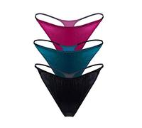 SilRiver Culotte String Femme en Satin de Soie - Coupe Seconde Peau pour Un Confort Longue Durée et Lingerie Douce (Rose Violet, Bleu Turc et Noir, XL)