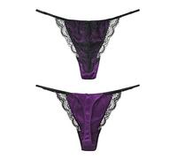 SilRiver Culotte String Sexy en Dentelle de Soie pour Femme avec Dos en T et Satin Doux - Lingerie Confortable et Élégante pour Peaux Sensibles (Violet Royal, L/XL)