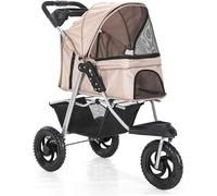 SilteD Poussette à 3 roues pour animaux de compagnie pour chats/chiens, poussette pour chien avec grandes roues, landau pliable pour chien avec porte-gobelet, chargement 55 lb (couleur : kaki)