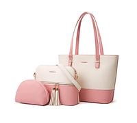 SilteD Sacs à main pour femme - Grand sac à bandoulière contrasté en cuir synthétique - Sac fourre-tout 3 en 1 pour le travail et le shopping, Blanc/rose