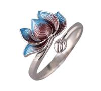 Silver à argent sterling pour femmes simples anneaux réglables ouverts, rétro brûlé de la bande de fleurs de lotus bleu pour l'éternité de mariage promesse pour le dîner-doigt de doigt cadeau