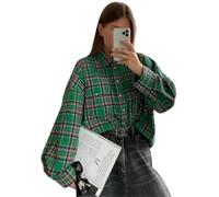 Silver Basic Femmes à Manches Longues Lapel Plaid Chemise Oversized Casual Blouse Tops Vintage Automne Mode Manteau Lache-FenLv-S1