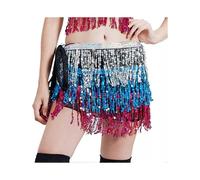 (Silver Blue Red)Women's Sequin Tassel Skirt Glitter Belly Dance Hip Scarf Wrap Party Costume