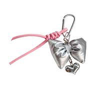 (Silver bow pink leat) Porte-clés pendentif cœur en cuir avec nœud papillon, breloque pour sac à main ou étui de téléphone pour femme ou fille