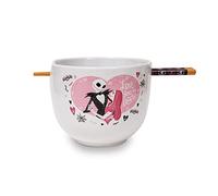Silver Buffalo Disney The Nightmare Before Christmas Service de table japonais en céramique Jack et Sally « Love You to Death » | Comprend un bol à nouilles ramen de 590 ml et des baguettes en bois