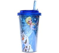 Silver Buffalo DP6184G Disney Olaf and Elsa Glitter BPA-Free Plastic Flip Straw Cold Cup, 16 oz, Blue by Disney