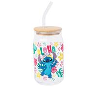 Silver Buffalo Lilo Stitch Aloha Stitch Gobelet en verre coloré avec couvercle en bambou et paille en verre 473 ml