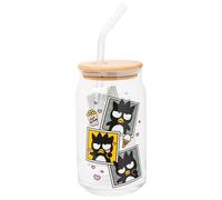 Silver Buffalo Sanrio Badtz Maru Snapshot Border Gobelet en verre avec couvercle en bambou et paille en verre 473 ml