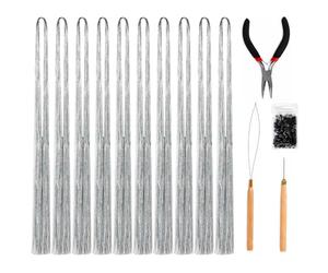 Silver Hair Tinsel Kit with Tools 10 Packs 120cm Heat Resistant Glitter Hair Extensions Includes Wooden Hook Needle Pulling Loop 100 Micro Rings and Pliers for Women Girls Party Cosplay