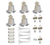 "SILVER HAPPY NEW YEAR PARTY KIT" for 10 persons (5 top hats, 5 crowns, 5 sounding trumpets, 5 sounding blow-outs, 1 roll of 10 decorative streamers) -