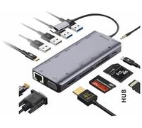 Silver HT - HUB USB C Adaptateur HDMI 8 en 1 4K, 1 VGA, 3 ports USB 3.0, lecteur de carte SD/Micro SD, 1 prise, Hub USB C Gigabit Ethernet de type C pour MacBook Pro, Chromebook