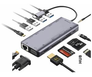 Silver HT - HUB USB C Adaptateur HDMI 8 en 1 4K, 1 VGA, 3 ports USB 3.0, lecteur de carte SD/Micro SD, 1 prise, Hub USB C Gigabit Ethernet de type C pour MacBook Pro, Chromebook