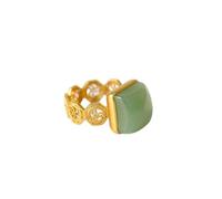 Silver Inlaid Natural Hetian Chalcedony Geométric Geometric Style Chinois Retro Unique Sand Gold Craft Pattern Women's Women's Bijoux (Gem Color: Green, Ring Taille: Resizable)
