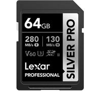 Silver Pro Carte Sd 64Go, Carte Mémoire Sd Uhs-Ii, V60, U3, C10, Jusqu'À 280Mo/S En Lecture, 130Mo/S En Écriture, Carte Sdxc Pour Ds