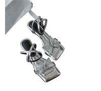 Silver Rhinestone Butterfly Knot Sandals Women's Summer Fairy Style for Skirts Square Head Toe Exposure High Heels(Silver,36)
