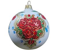 Silverado Christmas Ornament Made of Glass, 10 cm Ball, White with Folk Flowers Motive