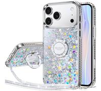 Silverback Coque pour iPhone 17 Pro avec Support, Téléphone Portable à Paillette pour Filles avec Anneau, Protection en Silicone Liquide Glitter pour iPhone 17 Pro- Argenté