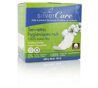 Silvercare Protection Féminine Serviette Ultra Fine Nuit 100% Pur Coton Bio Boîte de 10 Unités