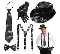 SilverChry Accessoires Disco Pailletés, Ensemble 5 Pièces Comprenant Chapeau Paillettes, Bretelles, Nœud Papillon, Cravate, Gants, Accessoires Paillettes pour Fête ou Carnaval (Noir)