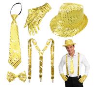 SilverChry Accessoires Disco Pailletés, Ensemble 5 Pièces Comprenant Chapeau Paillettes, Bretelles, Nœud Papillon, Cravate, Gants, Accessoires Paillettes pour Fête ou Carnaval (Or)