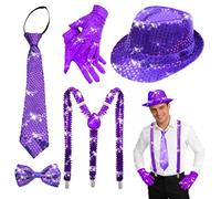 SilverChry Ensemble Paillette, Accessoires Disco Pailletés, 5 Pièces Comprenant Chapeau Paillettes, Bretelles, Nœud Papillon, Cravate, Gants, Accessoires Paillettes pour Fête ou Carnaval (Violet)