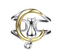SILVERCUTE Bague Femme Argent 925/1000 Plaqué Or Anneau Ouvert Réglable Forme Chat et Lune Bijoux Mignon Bicolore pour Fille - avec Boîte-Cadeau Rose