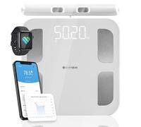 Silvergear® Pese Personne avec Poignée | Balance Pese Personnes | Analyse de Graisse Corporelle, Masse Musculaire, IMC, Poid des Os, BMR, Fr. Cardiaque | Impédancemètre avec App | Blanc