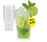 Silverkitchen Lot de 50 gobelets à cocktail réutilisables de 0,3 l, en plastique, empilables, passent au lave-vaisselle, pour cocktails et long drinks, sans BPA, avec trait de repère - Fabriqué en