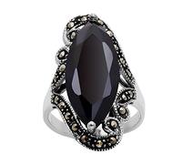 Silverly Bague en Argent 925 avec Grande Marquise Noire et Filigrane de Marcassite | Bague Dôme Art Nouveau Style Vintage Années 20 | Bijoux Gothiques Victoriens en Zircone Cubique pour Femmes