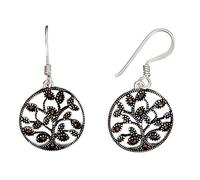 Silverly Boucles D'Oreilles Pendantes Rondes en Argent Sterling et Marcassite, Motif Arbre de Vie | Boucles D'Oreilles Scintillantes en Argent 925, Motif Disque Ajouré
