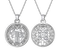 Silvora Collier avec Pendentif Médaille Religieux Saint Benoît Homme Femme Blanc Or/Or en Argent 925 Chaîne 46cm Bijoux Croix Catholique Médailles Miraculeuse Cadeaux Noël Fête des Mères Pères