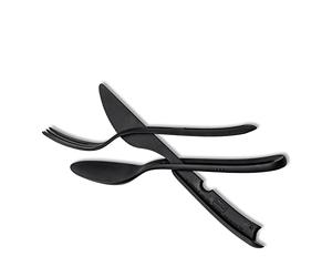silwy® Set de couverts « Tricky » de couleur noire (3 pièces composé d'un couteau, d'une fourchette et d'une cuillère) - Système de clic compact pour mettre de l'ordre - Parfait pour le camping, le