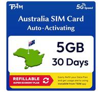 SIM Australie | Plan Super Économie Rechargeable 5 Go ! Activation Automatique, validité 30 Jours | Vitesse 5G + Partage de Connexion | Données Uniquement, Aucun Numéro de Téléphone