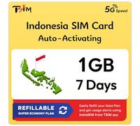 SIM Bali Indonésie | Plan Super Économie Rechargeable 1 Go ! Activation Automatique, validité 7 Jours | Vitesse 5G + Partage de Connexion | Données Uniquement, Aucun Numéro de Téléphone