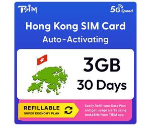 SIM Hong Kong | Plan Super Économie Rechargeable 3 Go ! Activation Automatique, validité 30 Jours | Vitesse 5G + Partage de Connexion | Données Uniquement, Aucun Numéro de Téléphone