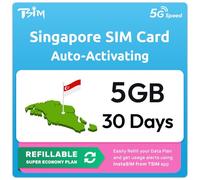 SIM Singapour | Plan Super Économie Rechargeable 5 Go ! Activation Automatique, validité 30 Jours | Vitesse 5G + Partage de Connexion | Données Uniquement, Aucun Numéro de Téléphone