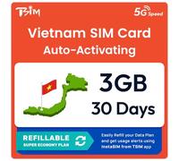 SIM Vietnam | Plan Super Économie Rechargeable 3 Go ! Activation Automatique, validité 30 Jours | Vitesse 5G + Partage de Connexion | Données Uniquement, Aucun Numéro de Téléphone