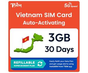SIM Vietnam | Plan Super Économie Rechargeable 3 Go ! Activation Automatique, validité 30 Jours | Vitesse 5G + Partage de Connexion | Données Uniquement, Aucun Numéro de Téléphone