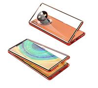 SIMao Coque pour Huawei Mate 30 Pro Cover 360 Degrés Protection Étui Magnétique Adsorption Intégré Caméra Vitre Protecteur Flip Case Métal Bumper Frame Transparent Verre Trempé Cover Housse,Orange