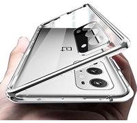 SIMao Coque pour OnePlus 9 Pro 5G Cover 360 Degrés Protection Étui Magnétique Adsorption Intégré Caméra Vitre Protecteur Flip Case Métal Bumper Frame Transparent Verre Trempé Cover Housse,Argent