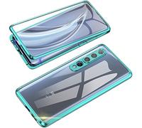 SIMao Coque pour Xiaomi Mi 10 Cover 360 Degrés Protection Étui Magnétique Adsorption Intégré Caméra Vitre Protecteur Flip Case Métal Bumper Frame Transparent Verre Trempé Cover Housse,Vert
